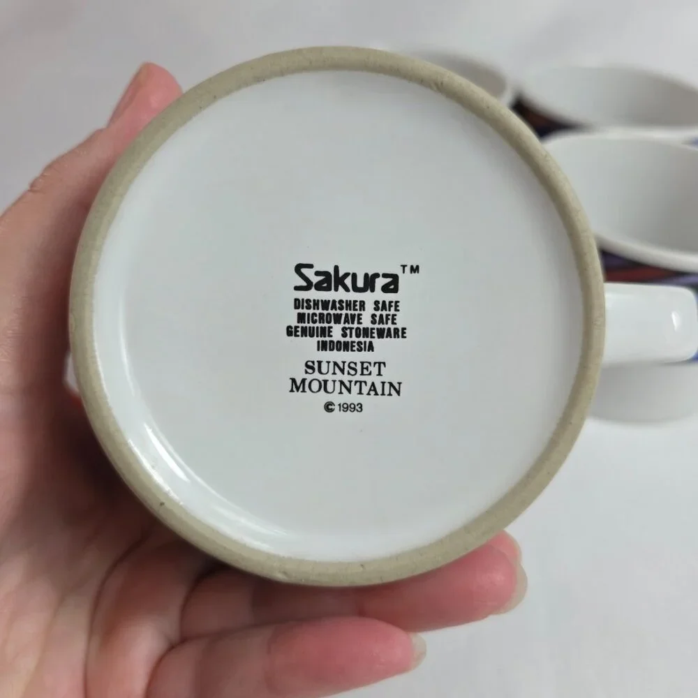 FOUR Sakura Sunset Mountain Flat Cups White with Multicolor Border